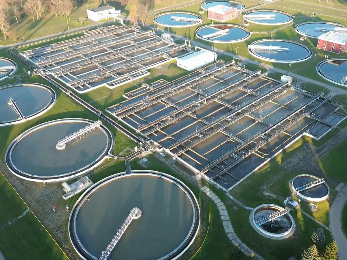 Aerial view of circular sedimentation tanks at a water treatment plant