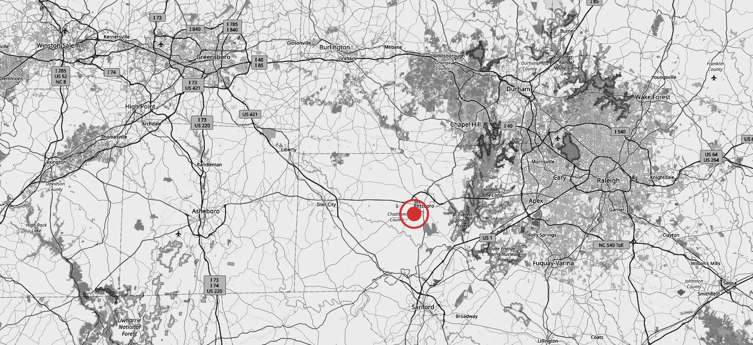 Map of the Research Triangle, North Carolina, with a red pin at 3DFS in Pittsboro, linked to OpenStreetMap