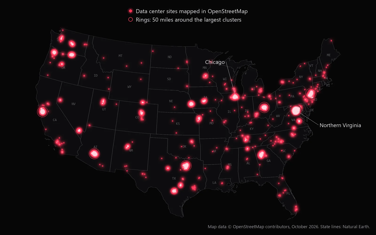 Map of the contiguous United States with red dots at data center sites mapped in OpenStreetMap, with thin red rings 50 miles around the largest clusters