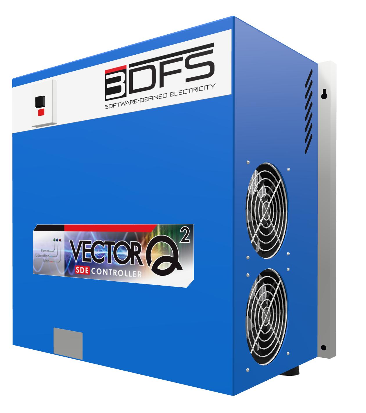 Rendering of the VectorQ2 controller from its drawings: a blue enclosure with the white front band, the VectorQ2 decal and two exhaust fans on the right side